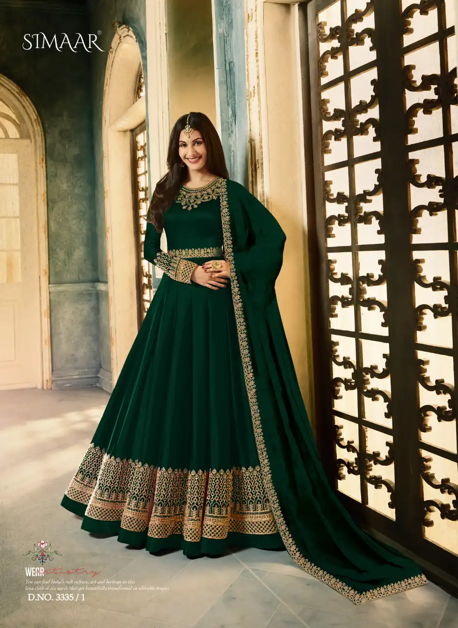 Glossy Simaar 3335 Green Color: Green Fabrics: Top :- Rangoli with Cording WorkSleeves:- Rangoli with Embroidered Work Dupatta:- Nazmin Embroidery Work | Anarkali Suits, Bollywood Anarkali, Creative-Anarkali, Designer Anarkali, Embroidered Anarkali, Party Wear Anarkali