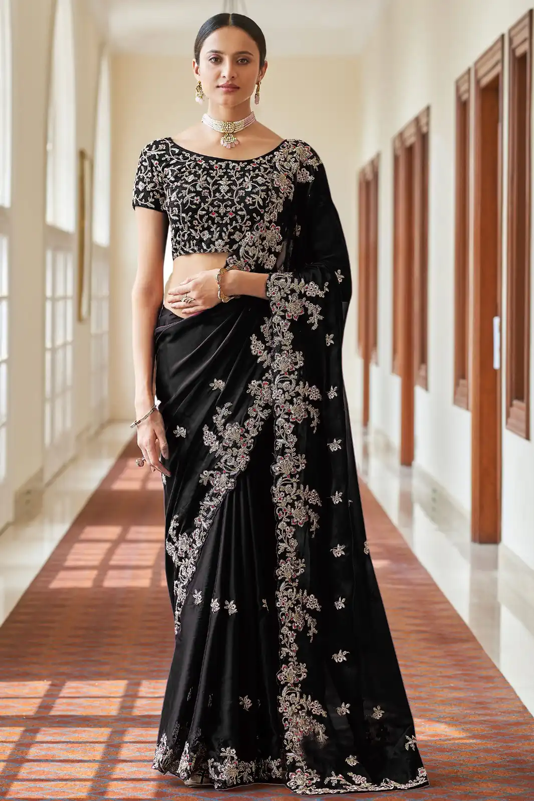 BT 180 Black Saree : Kasturi Silk Georgette Work : Zari & Thread Work, Blouse : Kasturi Silk Party Wear, Traditional Wear, Wedding Wear, Events Etc.@1849/- | Bollywood Sarees, Creative Sarees, Designer Sarees, Ethnic Saree, Modern Digital sarees, Party Wear Sarees, Sarees