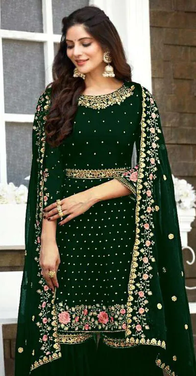 Ds 003821 Green color Georgette Embroidery Stone work Sharara suit Wedding, Party, Festive, Events Etc. Expected Delivery 4-6 Working Days @2299/- | Casual Suits, Creative suits, Designer Suits, Palazzo Suits, Party Wear Suits, Salwar suit, Straight Suits
