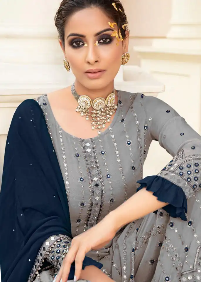 FC 9704 Grey Blue Top : Georgette Work : Embroidery Work, Mirror Work Wedding, Festive, Events Black Georgette Embroidered Sharara @2099 | Casual Suits, Creative suits, Designer Suits, Palazzo Suits, Party Wear Suits, Salwar suit, Straight Suits