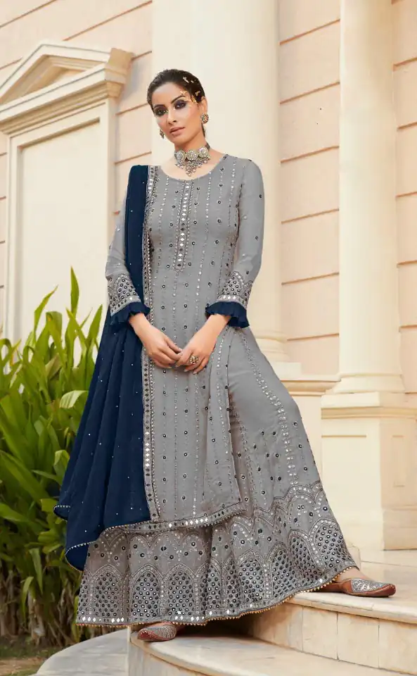 FC 9704 Grey Blue Top : Georgette Work : Embroidery Work, Mirror Work Wedding, Festive, Events Black Georgette Embroidered Sharara @2099 | Casual Suits, Creative suits, Designer Suits, Palazzo Suits, Party Wear Suits, Salwar suit, Straight Suits