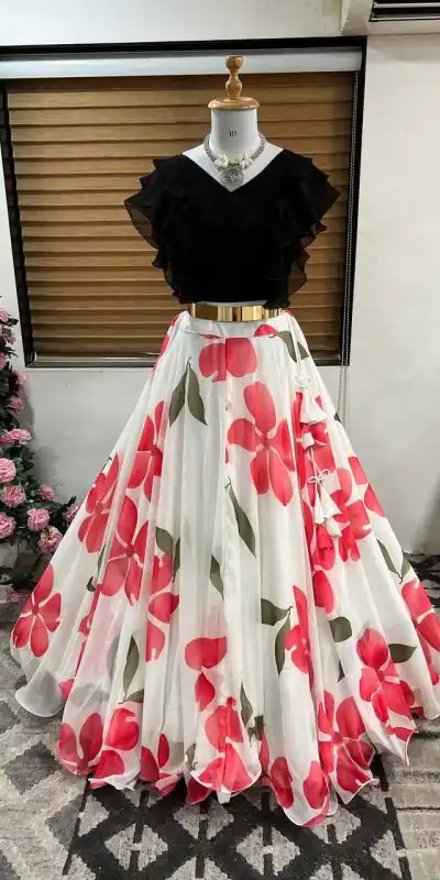 ZF 212 White Color Lehenga : Faux Georgette Blouse : Georgette Work : Digital Print Work Traditional Wear, Festive, Wedding, Events @1749/- | Bollywood Lehenga, Creative Lehenga, Designer Lehenga, Lehenga