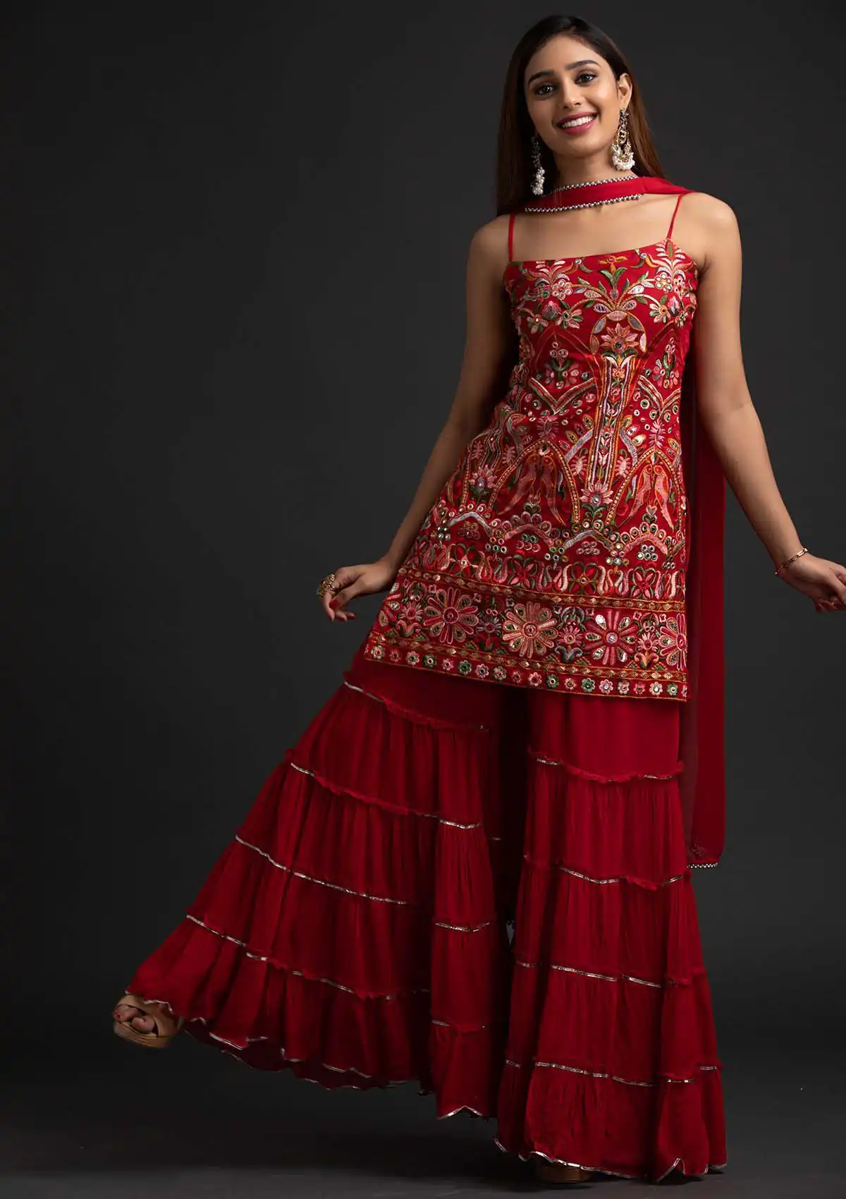 NSR 1301 Red Top : Georgette Work : Heavy Embroidery With Real Mirror Work Sharara : Georgette Wedding, Party, Festive, Events @1849/- | Casual Suits, Creative suits, Designer Suits, Palazzo Suits, Party Wear Suits, Salwar suit, Straight Suits