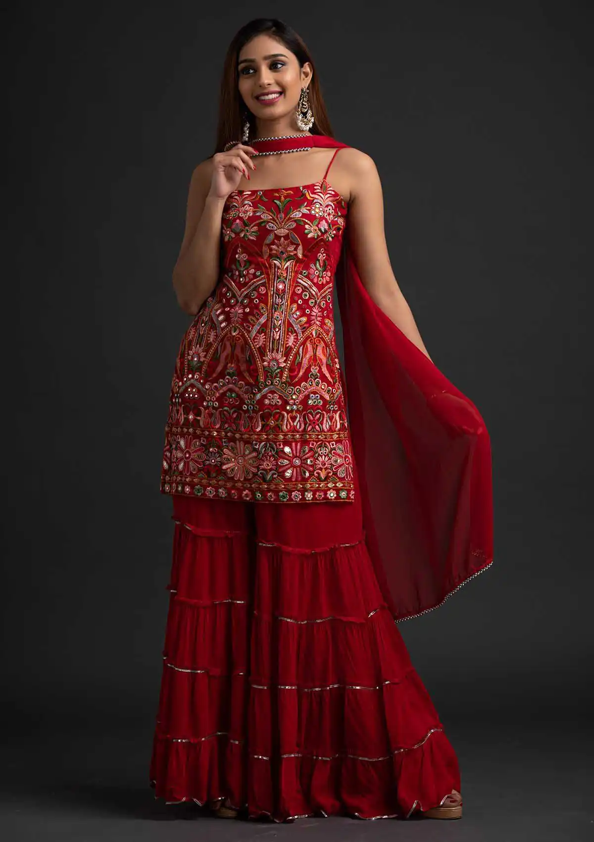 NSR 1301 Red Top : Georgette Work : Heavy Embroidery With Real Mirror Work Sharara : Georgette Wedding, Party, Festive, Events @1849/- | Casual Suits, Creative suits, Designer Suits, Palazzo Suits, Party Wear Suits, Salwar suit, Straight Suits