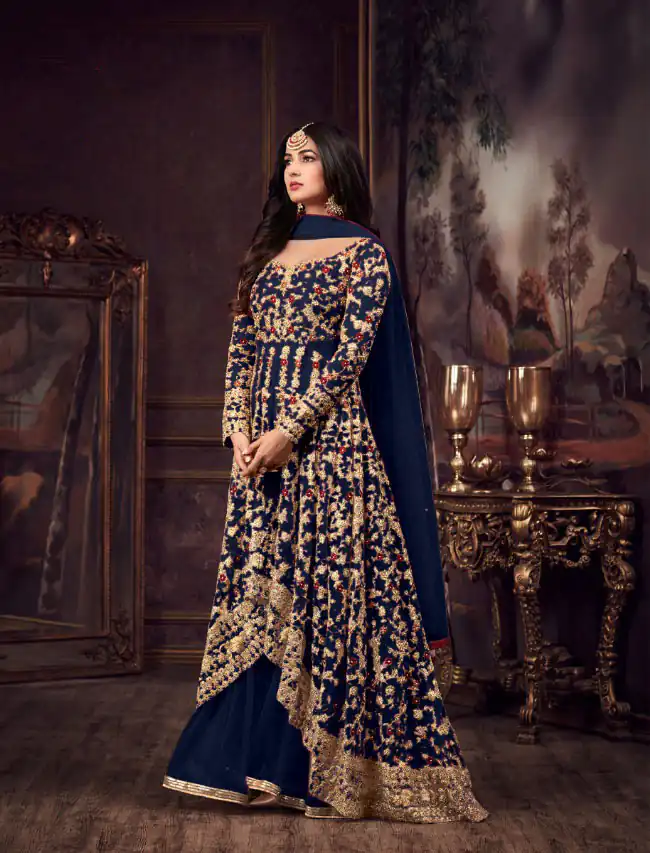 Maisha 5608 Blue Top : Heavy Net Work : Heavy Embroidery Coding With Diamond Work Bottom : Santoon Wedding, Party, Festive @3299/- | Anarkali Suits, Bollywood Anarkali, Creative-Anarkali, Designer Anarkali, Embroidered Anarkali, Party Wear Anarkali