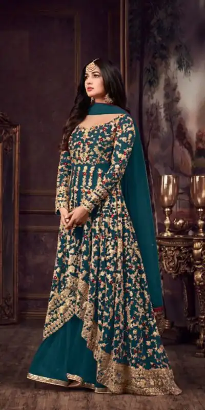 Maisha 5608 Peacock Blue Top : Heavy Net Work : Heavy Embroidery Coding With Diamond Work Bottom : Santoon Wedding, Party, Festive @3299/- | Anarkali Suits, Bollywood Anarkali, Creative-Anarkali, Designer Anarkali, Embroidered Anarkali, Party Wear Anarkali