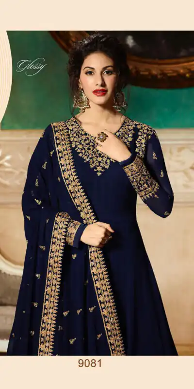 GLOSSY 9081 blueColor: blueFabrics: Top :- Heavy Georgette Embroidery Dupatta:- Georgette with Embroidery Work +Stone with Lace | Anarkali Suits, Bollywood Anarkali, Creative-Anarkali, Designer Anarkali, Embroidered Anarkali, Party Wear Anarkali