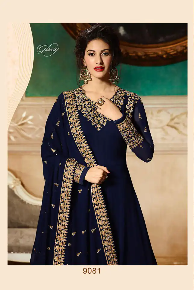 GLOSSY 9081 blueColor: blueFabrics: Top :- Heavy Georgette Embroidery Dupatta:- Georgette with Embroidery Work +Stone with Lace | Anarkali Suits, Bollywood Anarkali, Creative-Anarkali, Designer Anarkali, Embroidered Anarkali, Party Wear Anarkali