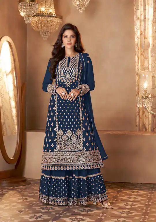 FC 128 Navy Blue Color Georgette Sequins Work Sharara Suit Wedding, Party, Festive, Events Etc. Expected Delivery  4-6 Working Days @2199/- | Casual Suits, Jump Suits, Creative suits, Designer Suits, Palazzo Suits, Party Wear Suits, Patiala Suits, Salwar suit, Straight Suits