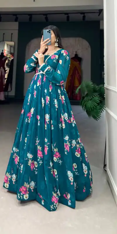  YNF 5029 Pine Green Color Exquisite Floral Georgette Printed Gown Casual, Wedding, Party, Festive, Events Etc. Expected Delivery 4-6 Working Days @1749/- | Bollywood Gowns, Creative Gowns, Designer Gowns, Embroidered Gowns, Gowns, Party Wear Gowns