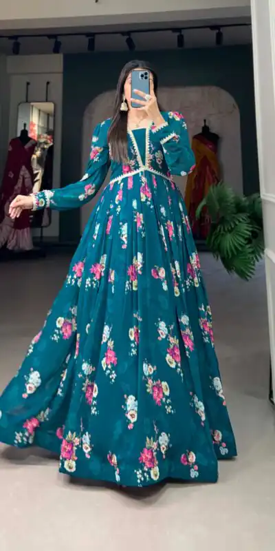  YNF 5029 Pine Green Color Exquisite Floral Georgette Printed Gown Casual, Wedding, Party, Festive, Events Etc. Expected Delivery 4-6 Working Days @1749/- | Bollywood Gowns, Creative Gowns, Designer Gowns, Embroidered Gowns, Gowns, Party Wear Gowns