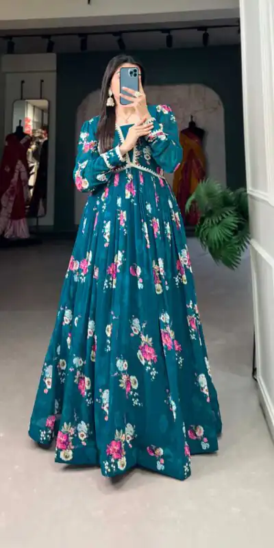  YNF 5029 Pine Green Color Exquisite Floral Georgette Printed Gown Casual, Wedding, Party, Festive, Events Etc. Expected Delivery 4-6 Working Days @1749/- | Bollywood Gowns, Creative Gowns, Designer Gowns, Embroidered Gowns, Gowns, Party Wear Gowns
