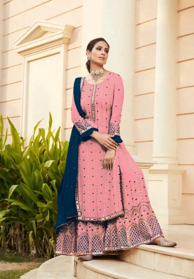 FC 9704 Pink Blue Top : Georgette Work : Embroidery Work, Mirror Work Wedding, Festive, Events Black Georgette Embroidered Sharara @2099 | Casual Suits, Creative suits, Designer Suits, Palazzo Suits, Party Wear Suits, Salwar suit, Straight Suits