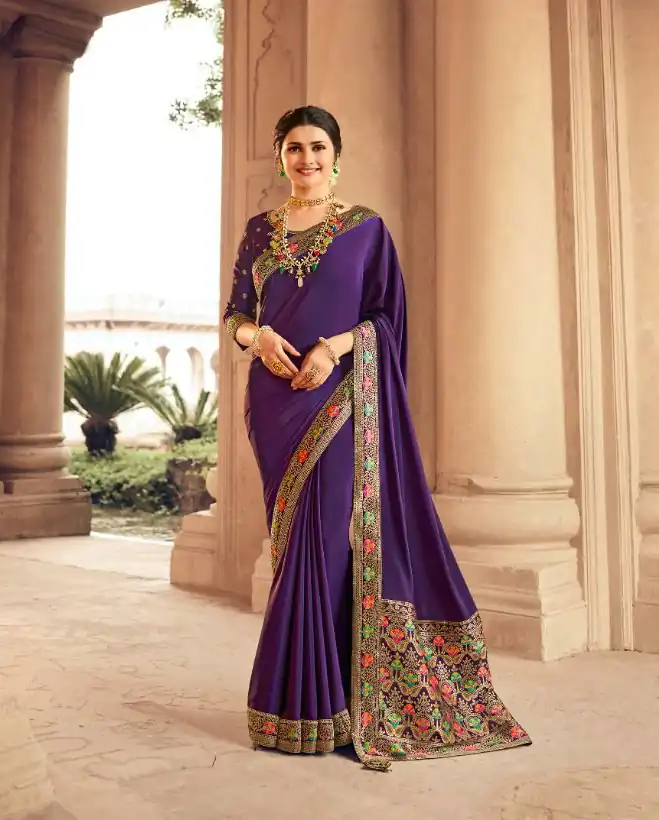 Exemplary Purple Saree : Georgette Work : Digital Print With Heavy Embroidered Lace Border Blouse : Banglori Silk Daily, Casual, Festive @1899/- | Bollywood Sarees, Creative Sarees, Designer Sarees, Embroidered Sarees, Ethnic Saree, Modern Digital sarees, Party Wear Sarees, Sarees