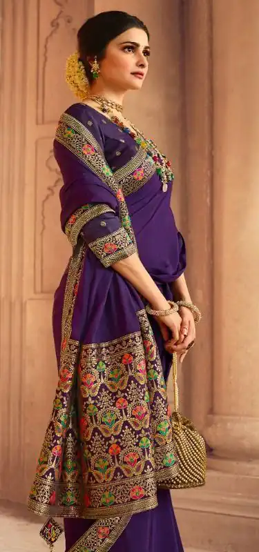 Exemplary Purple Saree : Georgette Work : Digital Print With Heavy Embroidered Lace Border Blouse : Banglori Silk Daily, Casual, Festive @1899/- | Bollywood Sarees, Creative Sarees, Designer Sarees, Embroidered Sarees, Ethnic Saree, Modern Digital sarees, Party Wear Sarees, Sarees