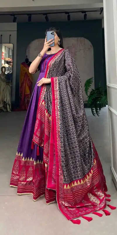 YNF 5007 Purple Color Tussar Silk Print With Foil Printed Gown Casual, Wedding, Party, Festive, Events Etc. Expected Delivery 4-6 Working Days @2049/- | Bollywood Gowns, Creative Gowns, Designer Gowns, Embroidered Gowns, Gowns, Party Wear Gowns