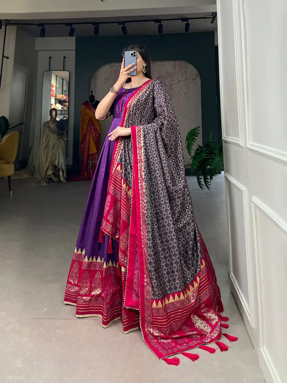 YNF 5007 Purple Color Tussar Silk Print With Foil Printed Gown Casual, Wedding, Party, Festive, Events Etc. Expected Delivery 4-6 Working Days @2049/- | Bollywood Gowns, Creative Gowns, Designer Gowns, Embroidered Gowns, Gowns, Party Wear Gowns