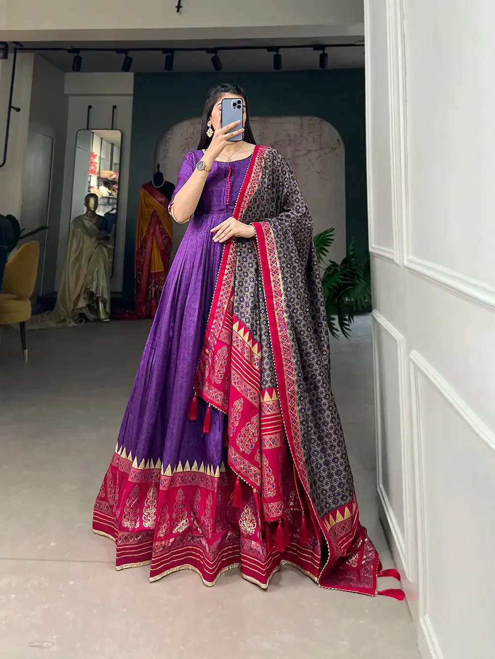 YNF 5007 Purple Color Tussar Silk Print With Foil Printed Gown Casual, Wedding, Party, Festive, Events Etc. Expected Delivery 4-6 Working Days @2049/- | Bollywood Gowns, Creative Gowns, Designer Gowns, Embroidered Gowns, Gowns, Party Wear Gowns