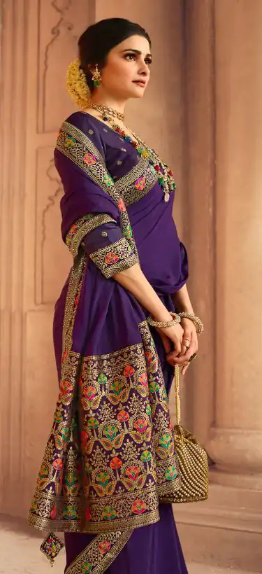 Exemplary Purple Saree : Georgette Work : Digital Print With Heavy Embroidered Lace Border Blouse : Banglori Silk Daily, Casual, Festive @1899/- | Bollywood Sarees, Creative Sarees, Designer Sarees, Embroidered Sarees, Ethnic Saree, Modern Digital sarees, Party Wear Sarees, Sarees