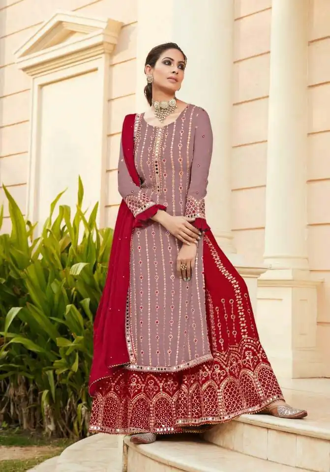 FC 9704 Red Top : Georgette Work : Embroidery Work, Mirror Work Wedding, Festive, Events Black Georgette Embroidered Sharara @2099 | Casual Suits, Creative suits, Designer Suits, Palazzo Suits, Party Wear Suits, Salwar suit, Straight Suits