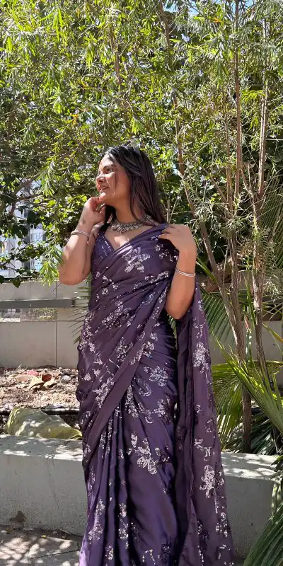 BT 3030 Purple Saree : Georgette Work : Embroidery With Sequence Work, Blouse : Banglory Silk Party Wear, Wedding Wear, Events Etc.@1649/- | Bollywood Sarees, Creative Sarees, Designer Sarees, Ethnic Saree, Modern Digital sarees, Party Wear Sarees, Sarees