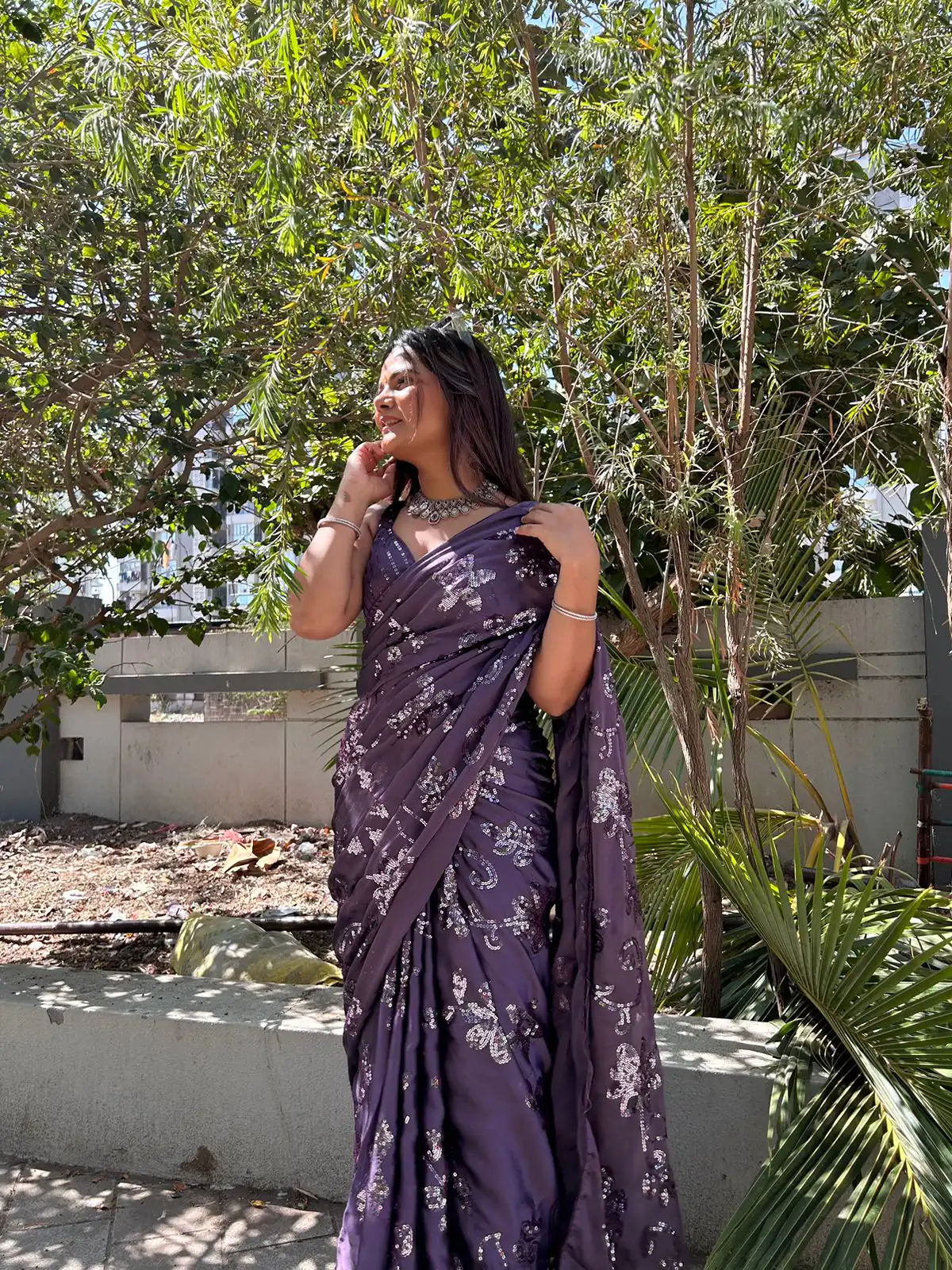 BT 3030 Purple Saree : Georgette Work : Embroidery With Sequence Work, Blouse : Banglory Silk Party Wear, Wedding Wear, Events Etc.@1649/- | Bollywood Sarees, Creative Sarees, Designer Sarees, Ethnic Saree, Modern Digital sarees, Party Wear Sarees, Sarees
