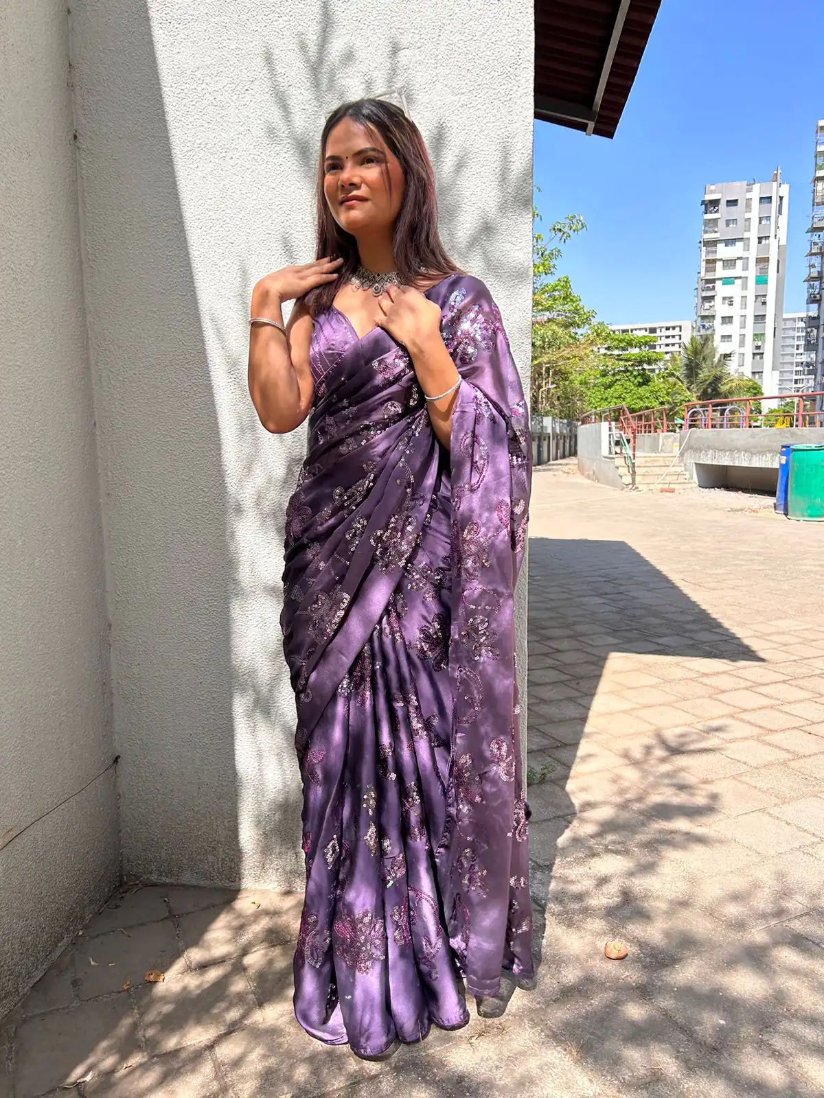 BT 3030 Purple Saree : Georgette Work : Embroidery With Sequence Work, Blouse : Banglory Silk Party Wear, Wedding Wear, Events Etc.@1649/- | Bollywood Sarees, Creative Sarees, Designer Sarees, Ethnic Saree, Modern Digital sarees, Party Wear Sarees, Sarees