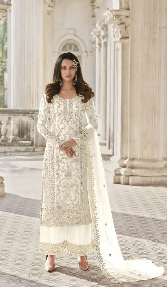 Adorable White Color Butterfly Net And Embroidery Work Sharara