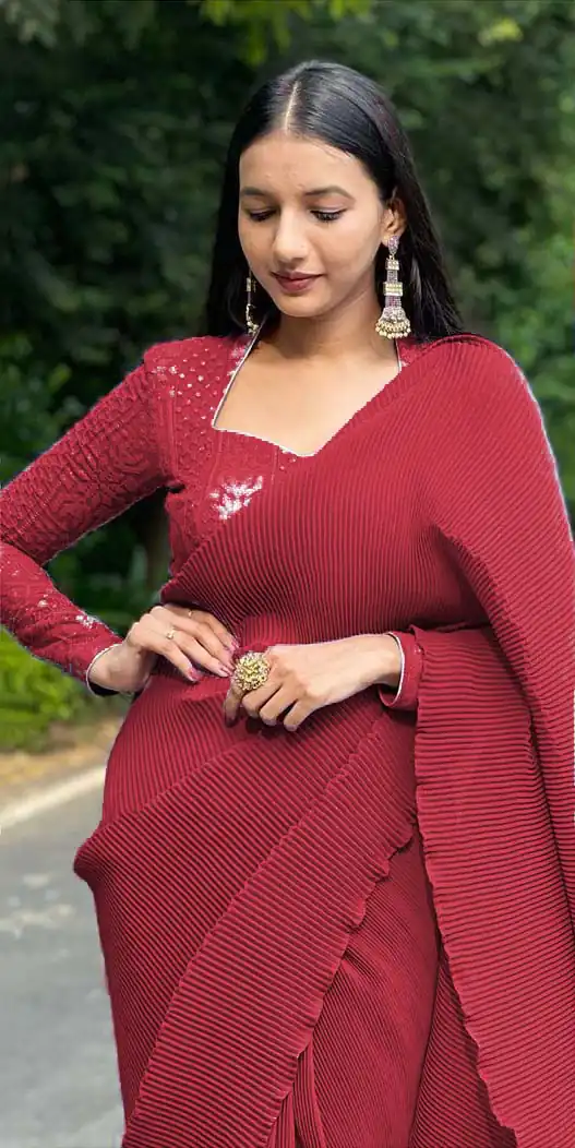 DF Pleated Maroon Saree : Georgette Work : Pleating Work On All Over Saree Blouse : Heavy Georgette Party Wear, Festive @1799/- | Bollywood Sarees, Creative Sarees, Designer Sarees, Embroidered Sarees, Party Wear Sarees, Sarees
