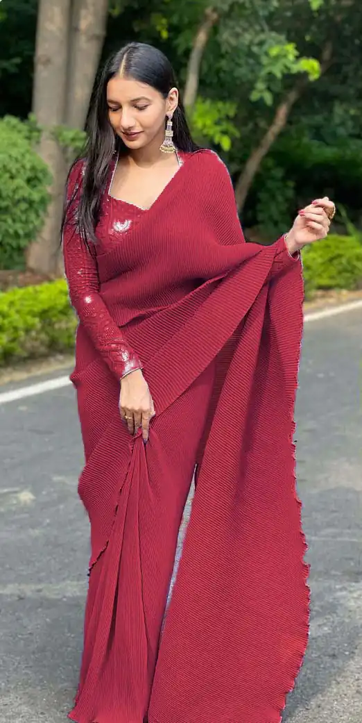 DF Pleated Maroon Saree : Georgette Work : Pleating Work On All Over Saree Blouse : Heavy Georgette Party Wear, Festive @1799/- | Bollywood Sarees, Creative Sarees, Designer Sarees, Embroidered Sarees, Party Wear Sarees, Sarees