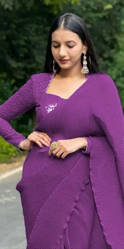 DF Pleated Violet Saree : Georgette Work : Pleating Work On All Over Saree Blouse : Heavy Georgette Party Wear, Festive @1799/- | Bollywood Sarees, Creative Sarees, Designer Sarees, Embroidered Sarees, Party Wear Sarees, Sarees