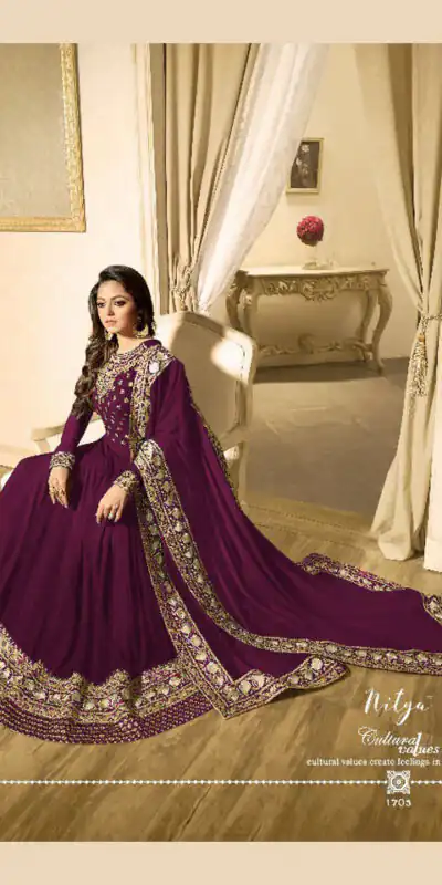 LT 1703 Purple Color: Purple Fabrics: Banglory Silk + Faux Georgette & Codding Embroidery work Dupatta:- Heavy Net + Codding and Sequine Embroidary Work | Anarkali Suits, Bollywood Anarkali, Creative-Anarkali, Designer Anarkali, Embroidered Anarkali, Party Wear Anarkali