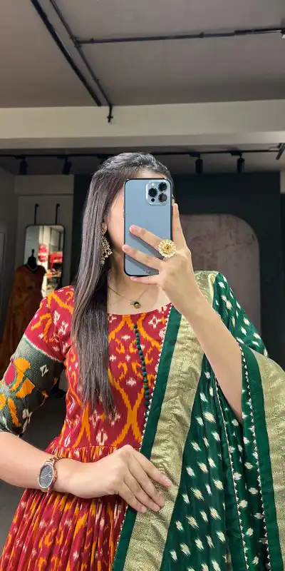 YNF5004 Red Color Tussar Silk Patola With Foil Print Gown Casual, Wedding, Festive, Events, Designer Party Wear,  Expected Delivery 4-6 Working Days @1999 | Bollywood Gowns, Creative Gowns, Designer Gowns, Embroidered Gowns, Gowns, Party Wear Gowns