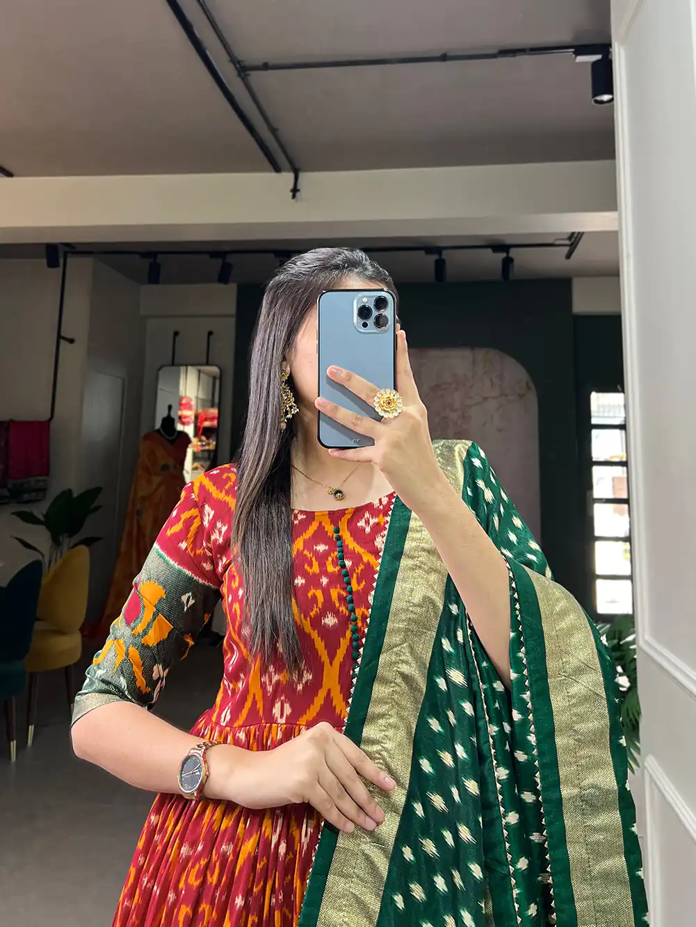 YNF5004 Red Color Tussar Silk Patola With Foil Print Gown Casual, Wedding, Festive, Events, Designer Party Wear,  Expected Delivery 4-6 Working Days @1999 | Bollywood Gowns, Creative Gowns, Designer Gowns, Embroidered Gowns, Gowns, Party Wear Gowns