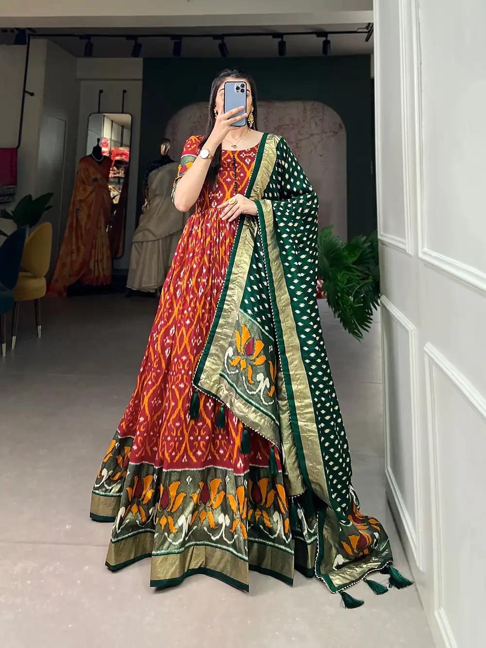 YNF5004 Red Color Tussar Silk Patola With Foil Print Gown Casual, Wedding, Festive, Events, Designer Party Wear,  Expected Delivery 4-6 Working Days @1999 | Bollywood Gowns, Creative Gowns, Designer Gowns, Embroidered Gowns, Gowns, Party Wear Gowns