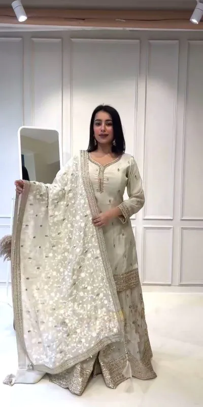 NSR 804 White  Color Heavy Chinnon Silk Embroidery Sequence Work Sharara Suit Casual, Party Festive, Events Etc. Expected Delivery 4-6 Working Days @2299/- | Jump Suits, Casual Suits, Creative suits, Designer Suits, Palazzo Suits, Party Wear Suits, Patiala Suits, Salwar suit, Straight Suits