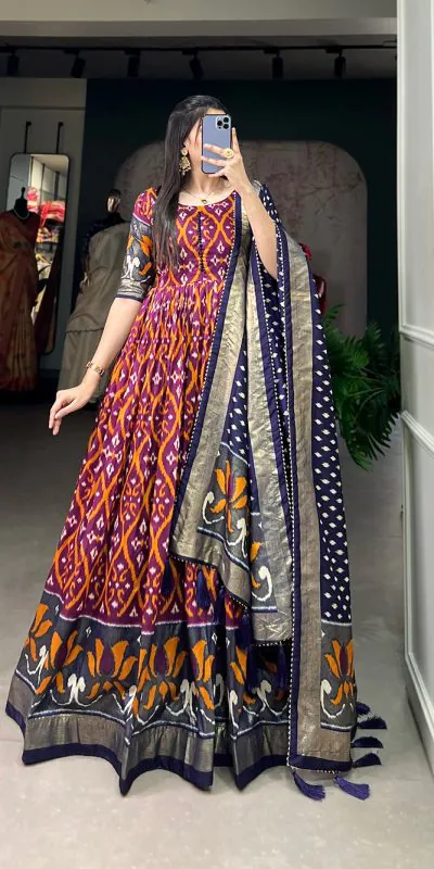 YNF5004 Wine Color Tussar Silk Patola With Foil Print Gown Casual, Wedding, Festive, Events, Designer Party Wear,  Expected Delivery 4-6 Working Days @1999 | Bollywood Gowns, Creative Gowns, Designer Gowns, Embroidered Gowns, Gowns, Party Wear Gowns