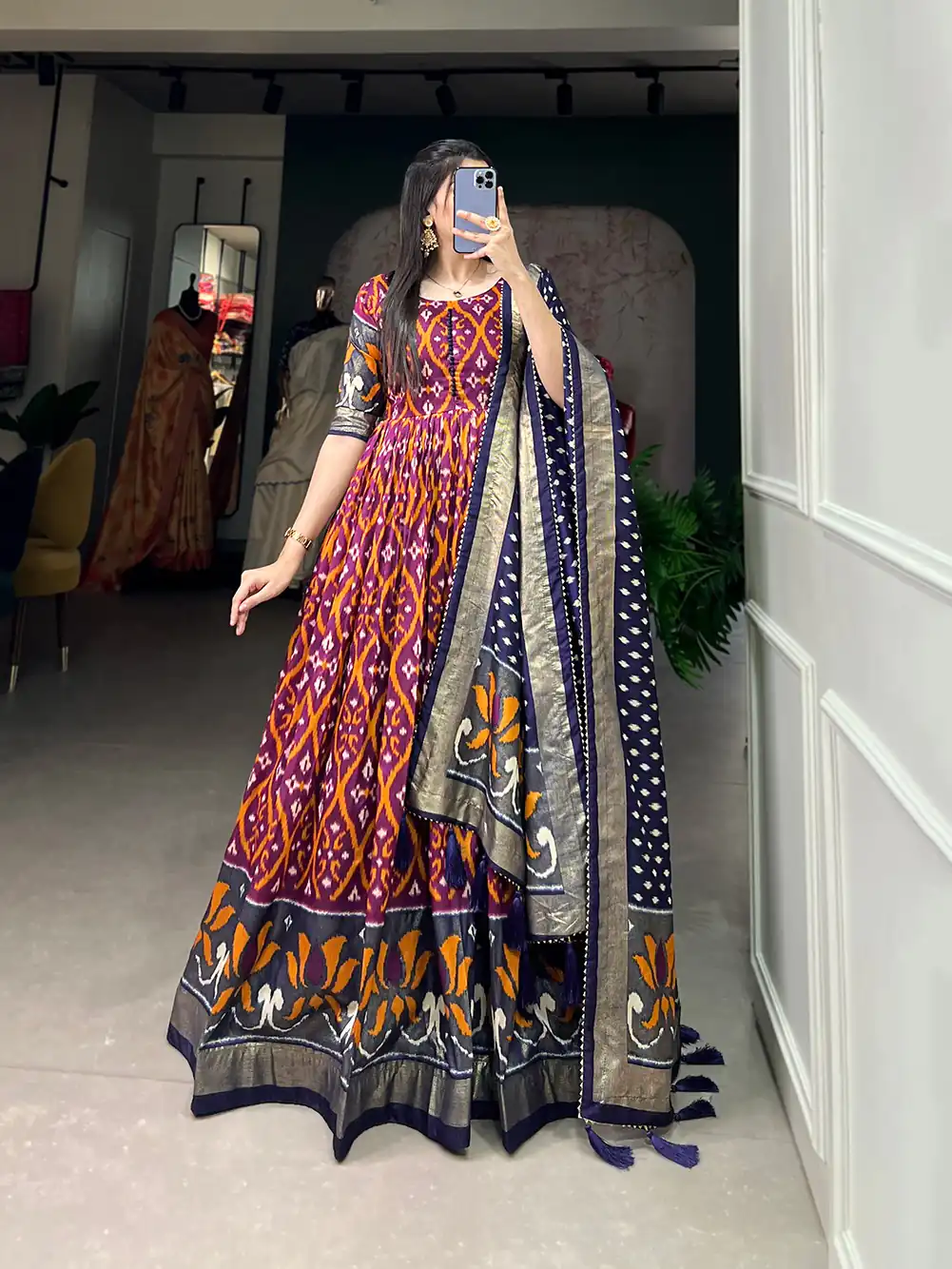 YNF5004 Wine Color Tussar Silk Patola With Foil Print Gown Casual, Wedding, Festive, Events, Designer Party Wear,  Expected Delivery 4-6 Working Days @1999 | Bollywood Gowns, Creative Gowns, Designer Gowns, Embroidered Gowns, Gowns, Party Wear Gowns