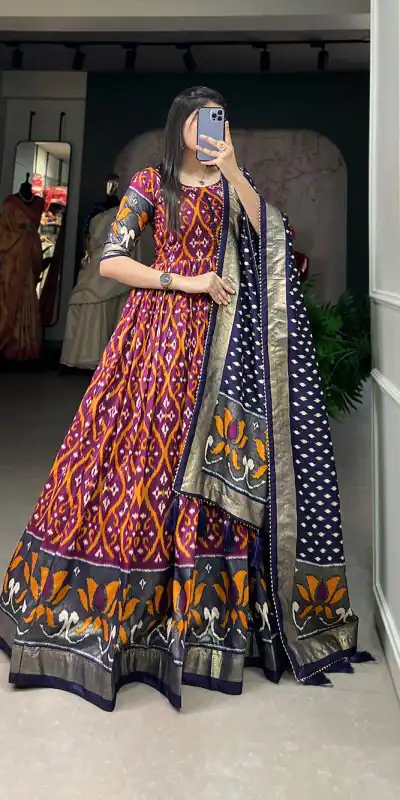 YNF5004 Wine Color Tussar Silk Patola With Foil Print Gown Casual, Wedding, Festive, Events, Designer Party Wear,  Expected Delivery 4-6 Working Days @1999 | Bollywood Gowns, Creative Gowns, Designer Gowns, Embroidered Gowns, Gowns, Party Wear Gowns