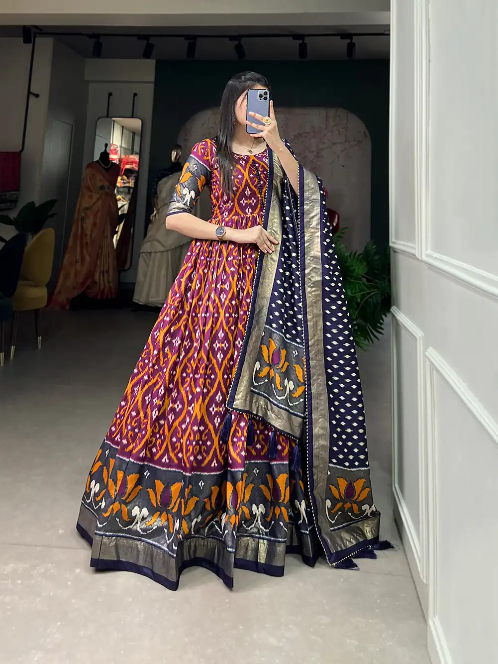 YNF5004 Wine Color Tussar Silk Patola With Foil Print Gown Casual, Wedding, Festive, Events, Designer Party Wear,  Expected Delivery 4-6 Working Days @1999 | Bollywood Gowns, Creative Gowns, Designer Gowns, Embroidered Gowns, Gowns, Party Wear Gowns