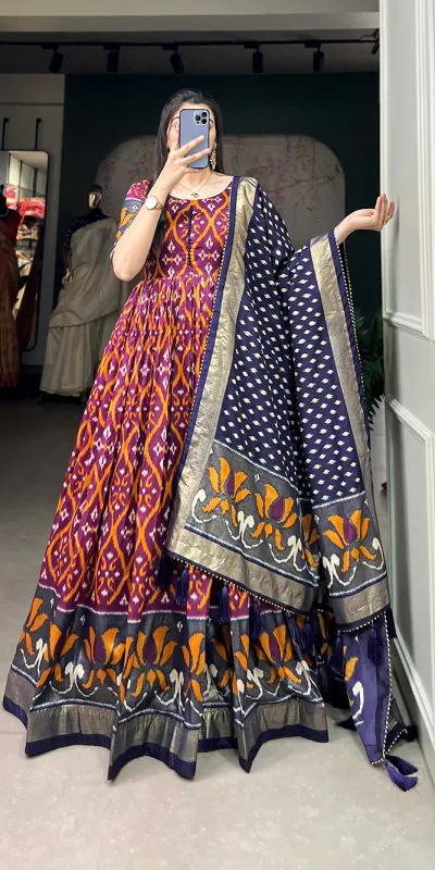 YNF5004 Wine Color Tussar Silk Patola With Foil Print Gown Casual, Wedding, Festive, Events, Designer Party Wear, Expected Delivery 4-6 Working Days @1999 | Bollywood Gowns, Creative Gowns, Designer Gowns, Embroidered Gowns, Gowns, Party Wear Gowns
