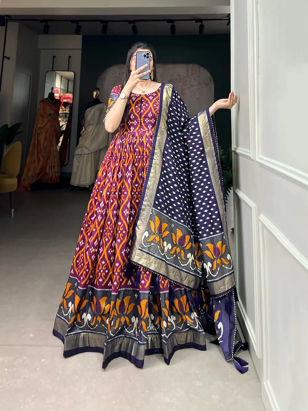 YNF5004 Wine Color Tussar Silk Patola With Foil Print Gown Casual, Wedding, Festive, Events, Designer Party Wear,  Expected Delivery 4-6 Working Days @1999 | Bollywood Gowns, Creative Gowns, Designer Gowns, Embroidered Gowns, Gowns, Party Wear Gowns