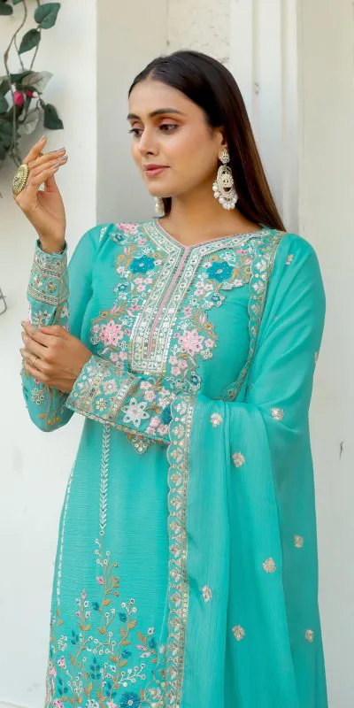AD140 Cyan Color Chinon Silk Diamond Hand Work Sharara Suit Casual, Wedding, Party, Festive, Events Etc. Expected Delivery 4-6 Working Days @2599/- | Jump Suits, Casual Suits, Creative suits, Designer Suits, Palazzo Suits, Party Wear Suits, Patiala Suits, Salwar suit, Straight Suits