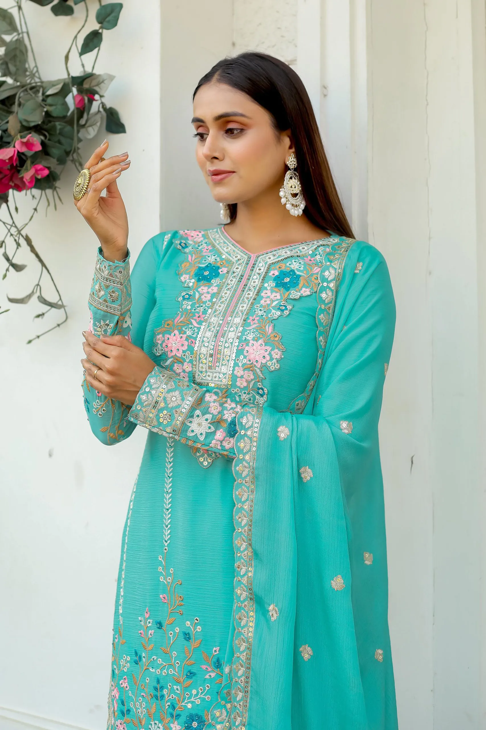 AD140 Cyan Color Chinon Silk Diamond Hand Work Sharara Suit Casual, Wedding, Party, Festive, Events Etc. Expected Delivery 4-6 Working Days @2599/- | Jump Suits, Casual Suits, Creative suits, Designer Suits, Palazzo Suits, Party Wear Suits, Patiala Suits, Salwar suit, Straight Suits