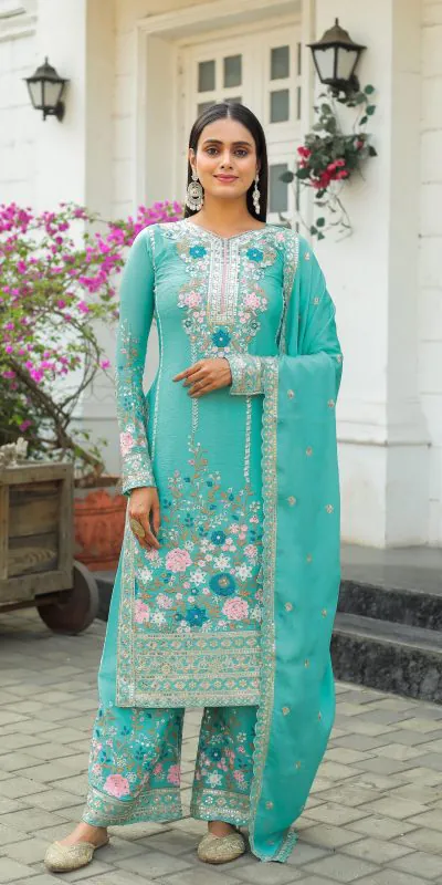 AD140 Cyan Color Chinon Silk Diamond Hand Work Sharara Suit Casual, Wedding, Party, Festive, Events Etc. Expected Delivery 4-6 Working Days @2599/- | Jump Suits, Casual Suits, Creative suits, Designer Suits, Palazzo Suits, Party Wear Suits, Patiala Suits, Salwar suit, Straight Suits