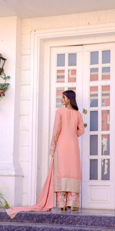 AD140 Salmon  Color Chinon Silk Diamond Hand Work Sharara Suit Casual, Wedding, Party, Festive, Events Etc. Expected Delivery 4-6 Working Days @2599/- | Jump Suits, Casual Suits, Creative suits, Designer Suits, Palazzo Suits, Party Wear Suits, Patiala Suits, Salwar suit, Straight Suits