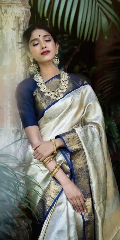 KP 3045 White & Blue Color Soft Lichi Silk Jacquard Work Saree Casual, Party Wear, Wedding, Events Etc. Expected Delivery 4-6 Working Days @1449/- | Bollywood Sarees, Creative Sarees, Designer Sarees, Embroidered Sarees, Ethnic Saree, Modern Digital sarees, Party Wear Sarees, Sarees