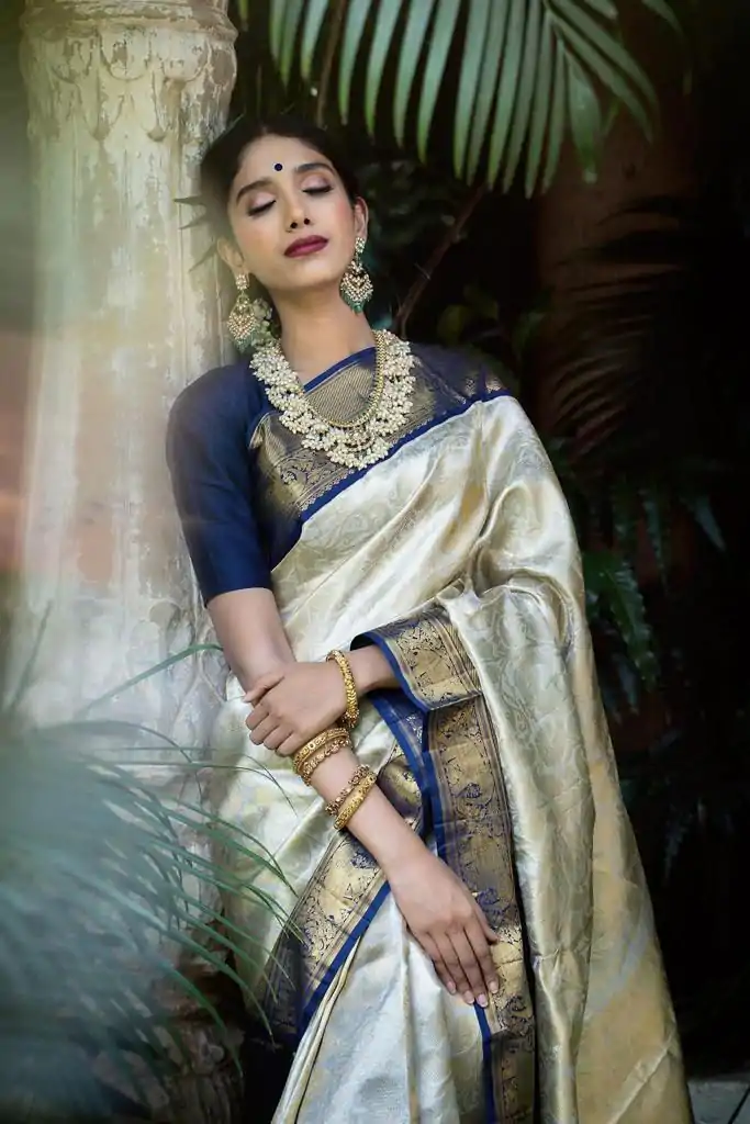 KP 3045 White & Blue Color Soft Lichi Silk Jacquard Work Saree Casual, Party Wear, Wedding, Events Etc. Expected Delivery 4-6 Working Days @1449/- | Bollywood Sarees, Creative Sarees, Designer Sarees, Embroidered Sarees, Ethnic Saree, Modern Digital sarees, Party Wear Sarees, Sarees