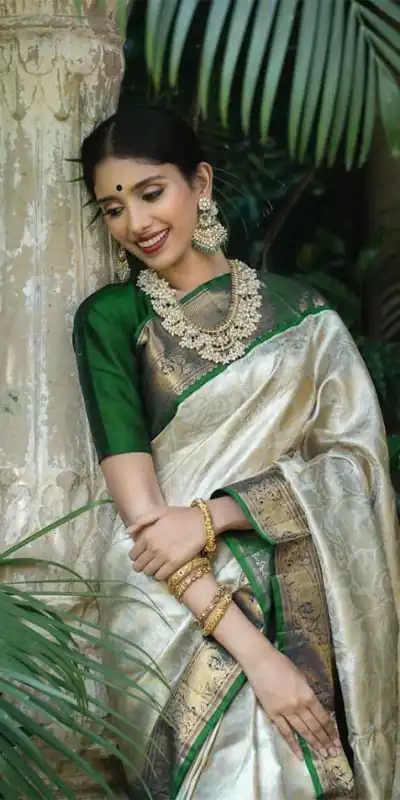 KP 3045 White & Green Color Soft Lichi Silk Jacquard Work Saree Casual, Party Wear, Wedding, Events Etc. Expected Delivery 4-6 Working Days @1449/- | Bollywood Sarees, Creative Sarees, Designer Sarees, Embroidered Sarees, Ethnic Saree, Modern Digital sarees, Party Wear Sarees, Sarees