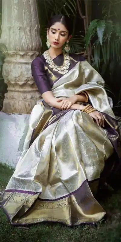 KP 3045 White & Purple Color Soft Lichi Silk Jacquard Work Saree Casual, Party Wear, Wedding, Events Etc. Expected Delivery 4-6 Working Days @1449/- | Bollywood Sarees, Creative Sarees, Designer Sarees, Embroidered Sarees, Ethnic Saree, Modern Digital sarees, Party Wear Sarees, Sarees